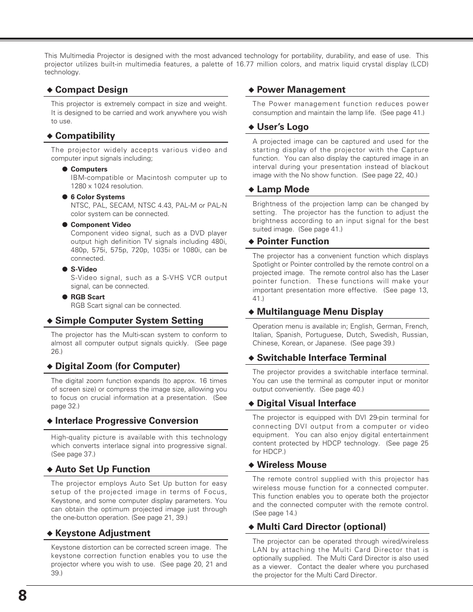 Feature and design, 8features and design | Eiki LC-SE10 User Manual | Page 8 / 60