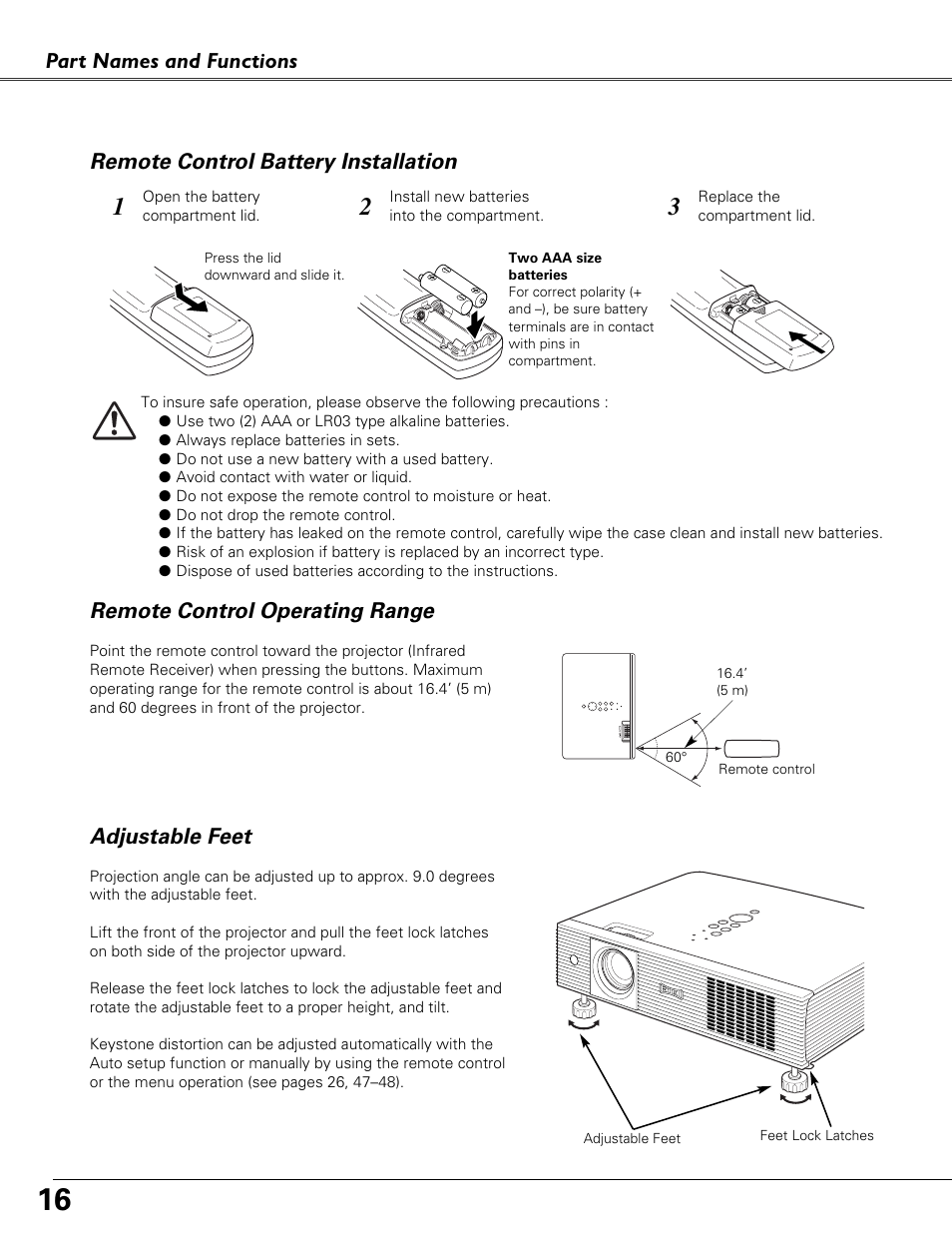Remote control battery installation, Remote control operating range, Adjustable feet | Adjustable feet part names and functions | Eiki LC-XB41N User Manual | Page 16 / 80