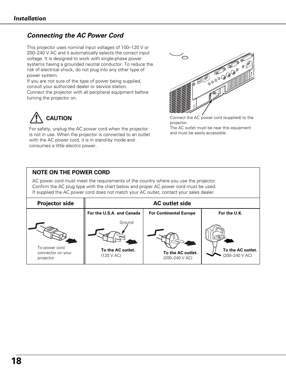Connecting the ac power cord, Connecting the ac power cord installation | Eiki LC-XB41N User Manual | Page 18 / 80