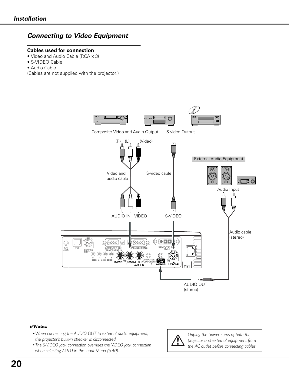 Connecting to video equipment, Installation connecting to video equipment | Eiki LC-XB41N User Manual | Page 20 / 80