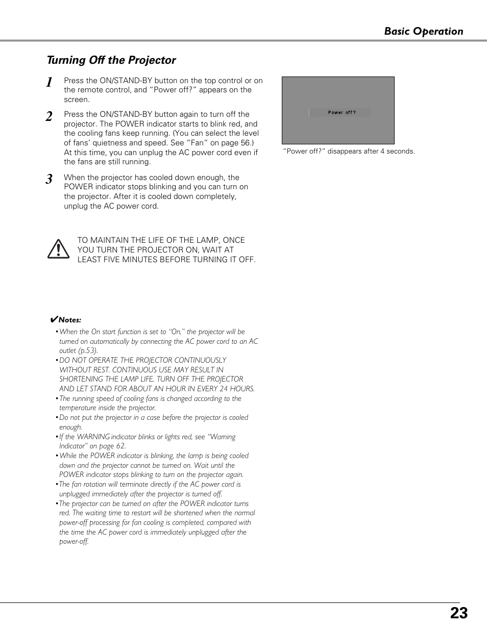 Turning off the projector, Basic operation | Eiki LC-XB41N User Manual | Page 23 / 80