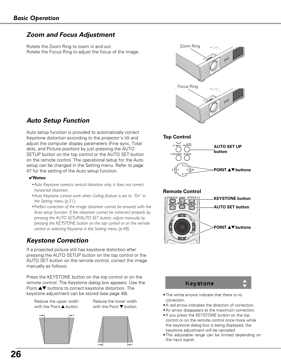 Zoom and focus adjustment, Auto setup function, Keystone correction | Basic operation, Auto setup function zoom and focus adjustment | Eiki LC-XB41N User Manual | Page 26 / 80
