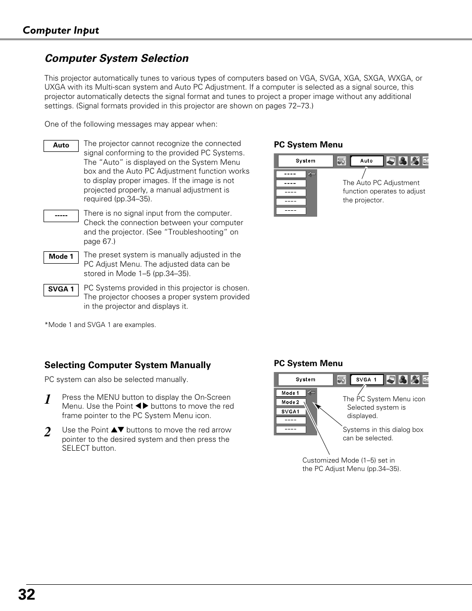 Computer system selection, Computer input | Eiki LC-XB41N User Manual | Page 32 / 80