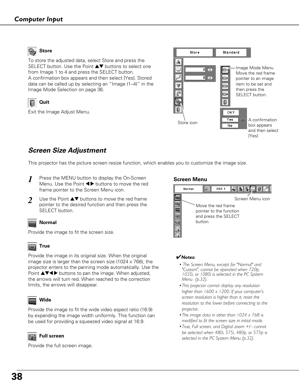 Screen size adjustment, Computer input | Eiki LC-XB41N User Manual | Page 38 / 80