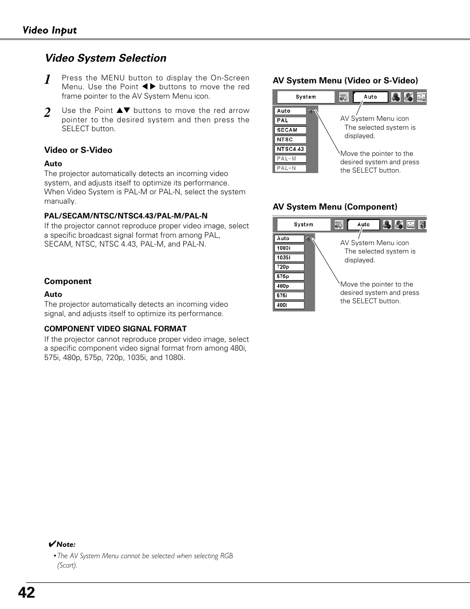 Video system selection, Video input video system selection | Eiki LC-XB41N User Manual | Page 42 / 80