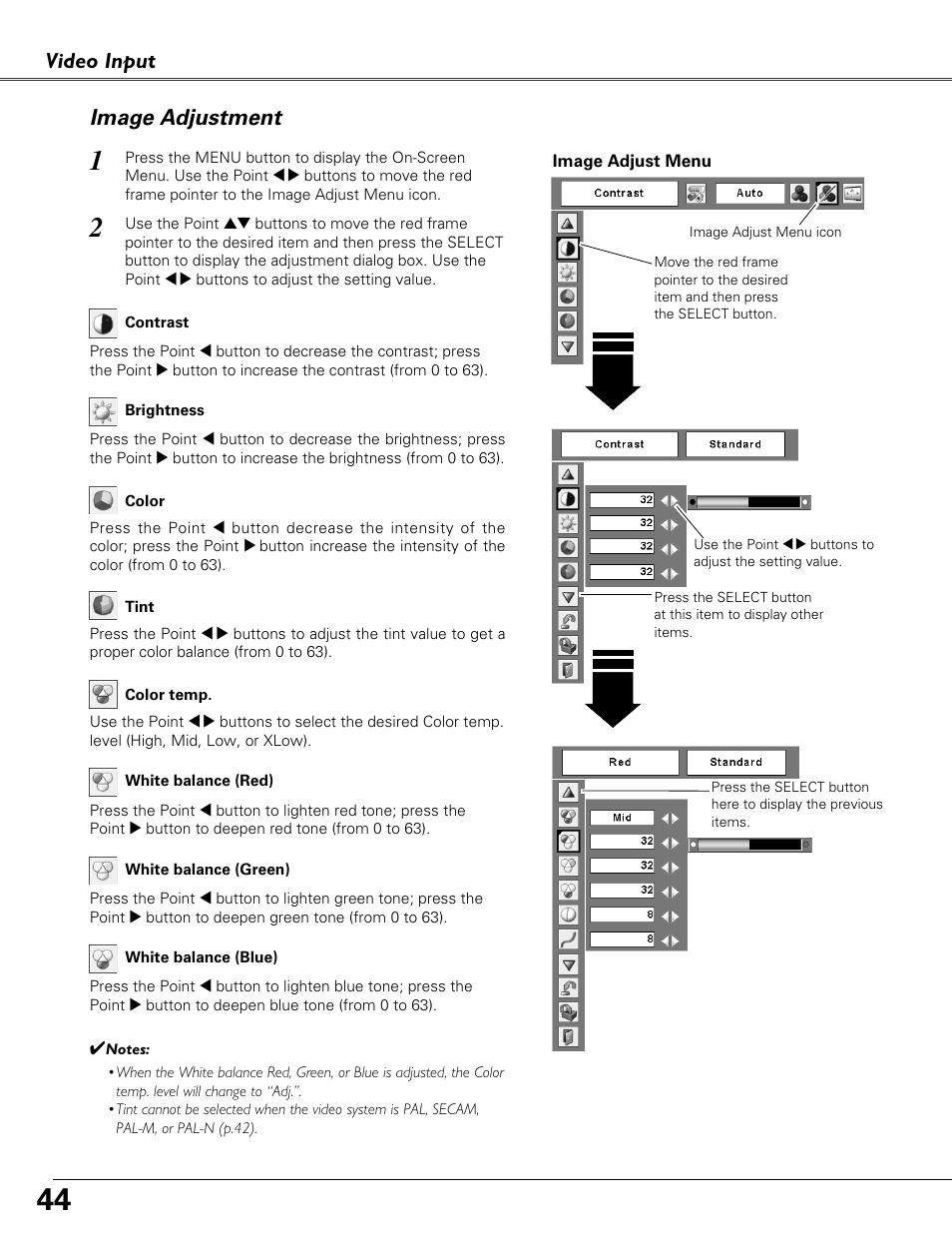 Image adjustment, Video input image adjustment | Eiki LC-XB41N User Manual | Page 44 / 80