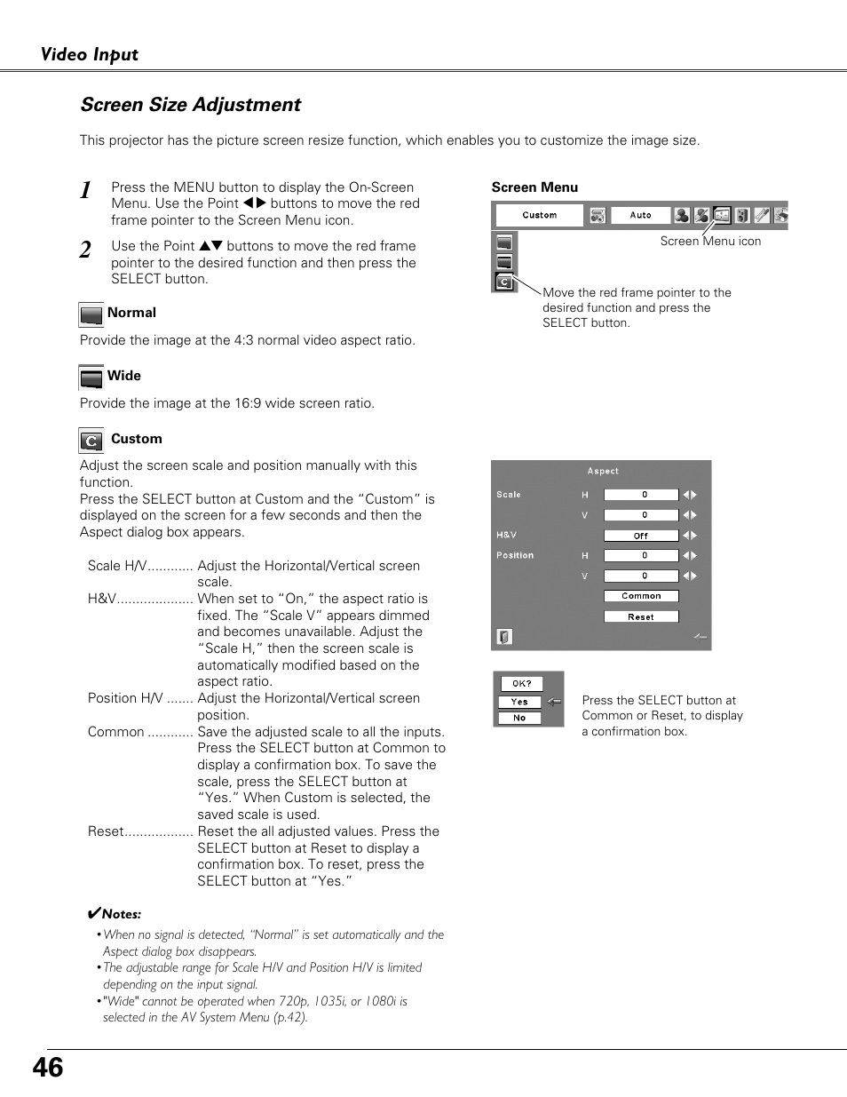 Screen size adjustment, Video input | Eiki LC-XB41N User Manual | Page 46 / 80
