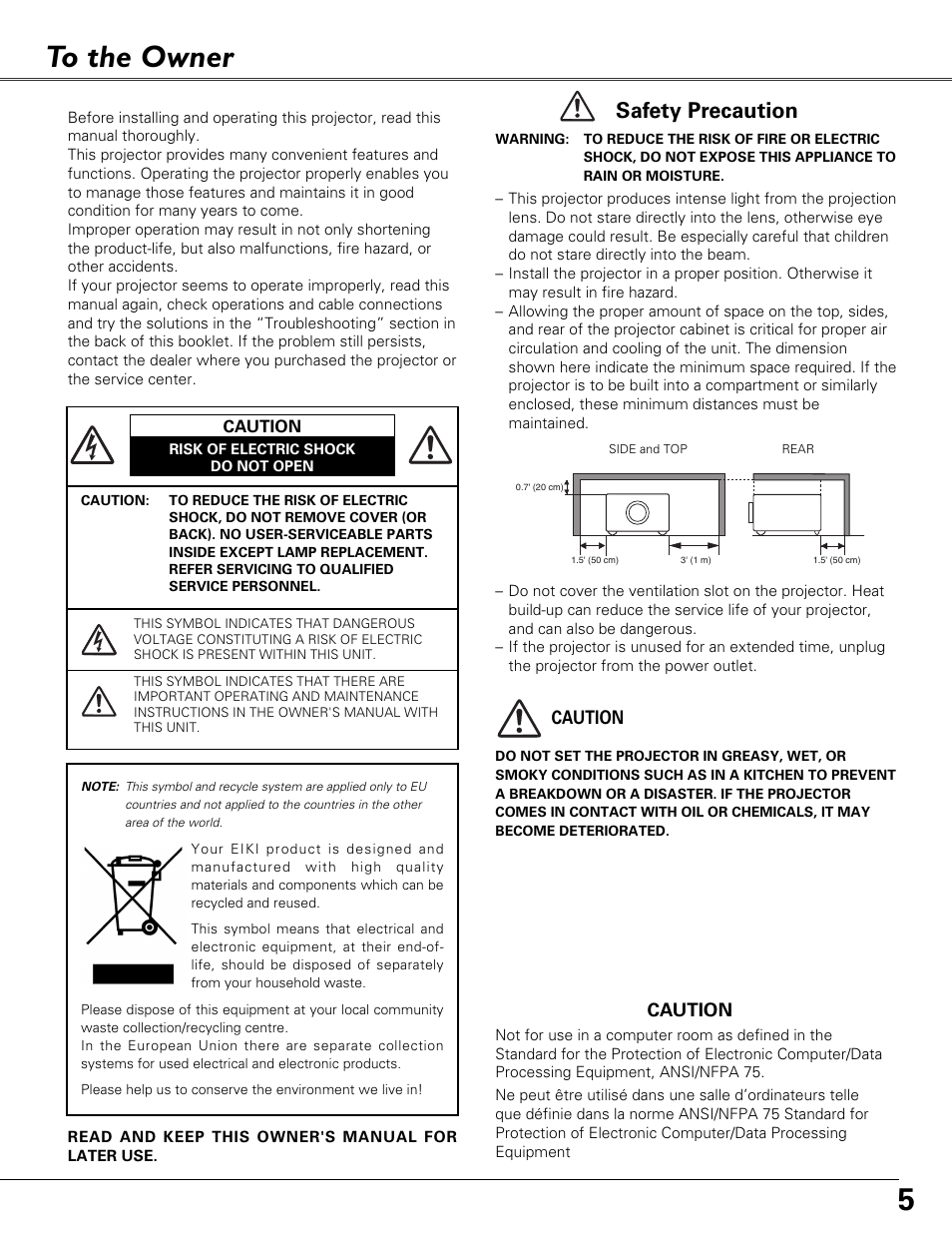 To the owner, 5to the owner, Safety precaution | Eiki LC-XB41N User Manual | Page 5 / 80