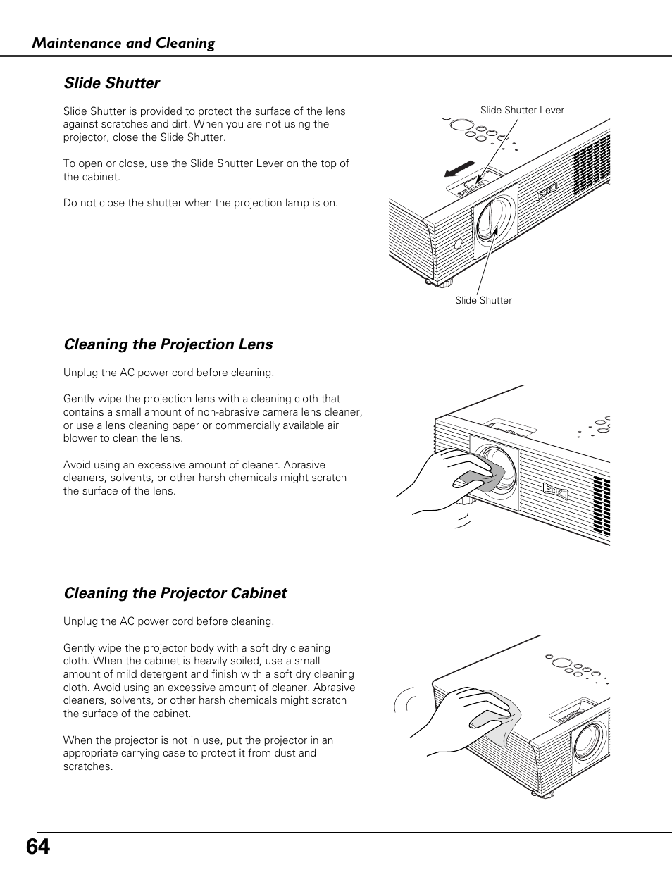 Slide shutter, Cleaning the projection lens, Cleaning the projector cabinet | Eiki LC-XB41N User Manual | Page 64 / 80
