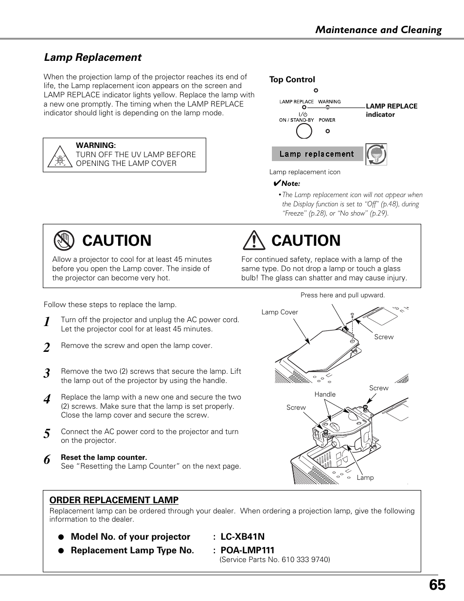 Lamp replacement, Caution | Eiki LC-XB41N User Manual | Page 65 / 80