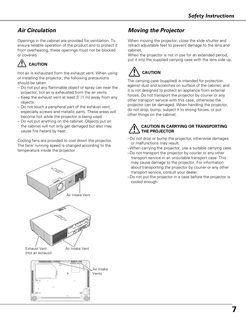 Air circulation, Moving the projector, Safety instructions | Eiki LC-XB41N User Manual | Page 7 / 80