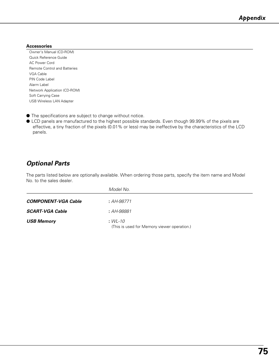 Optional parts, Appendix | Eiki LC-XB41N User Manual | Page 75 / 80