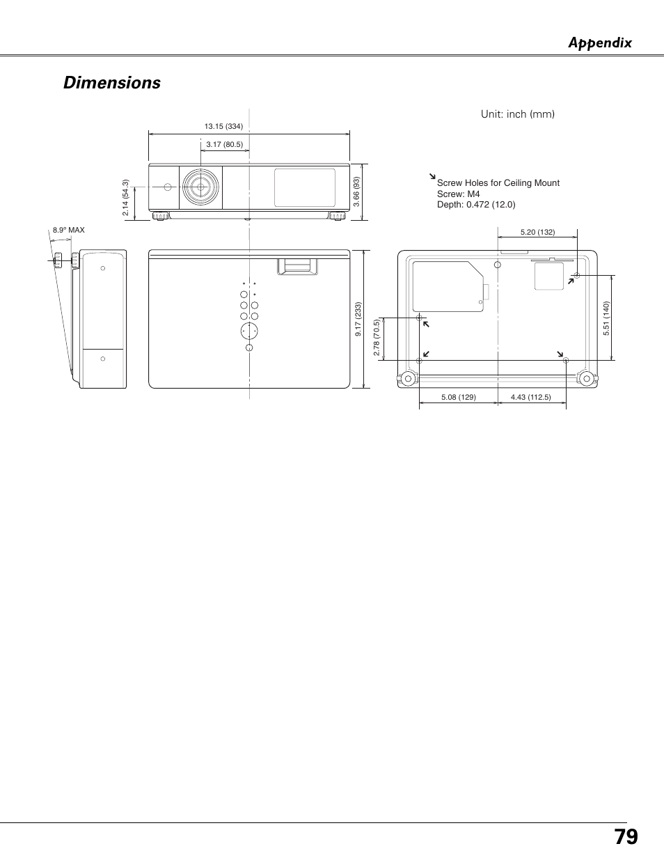 Dimensions, Appendix | Eiki LC-XB41N User Manual | Page 79 / 80