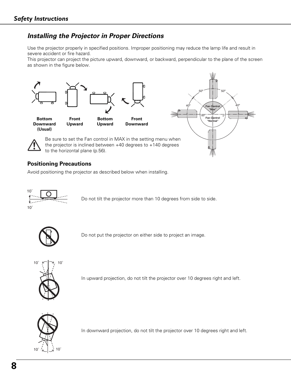 Installing the projector in proper directions, Safety instructions, Positioning precautions | Eiki LC-XB41N User Manual | Page 8 / 80