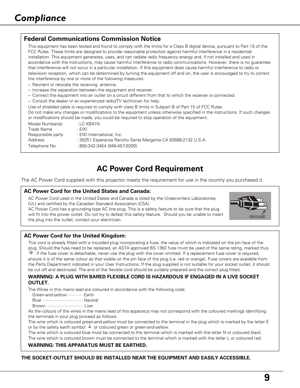 Compliance, 9compliance, Ac power cord requirement | Federal communications commission notice | Eiki LC-XB41N User Manual | Page 9 / 80
