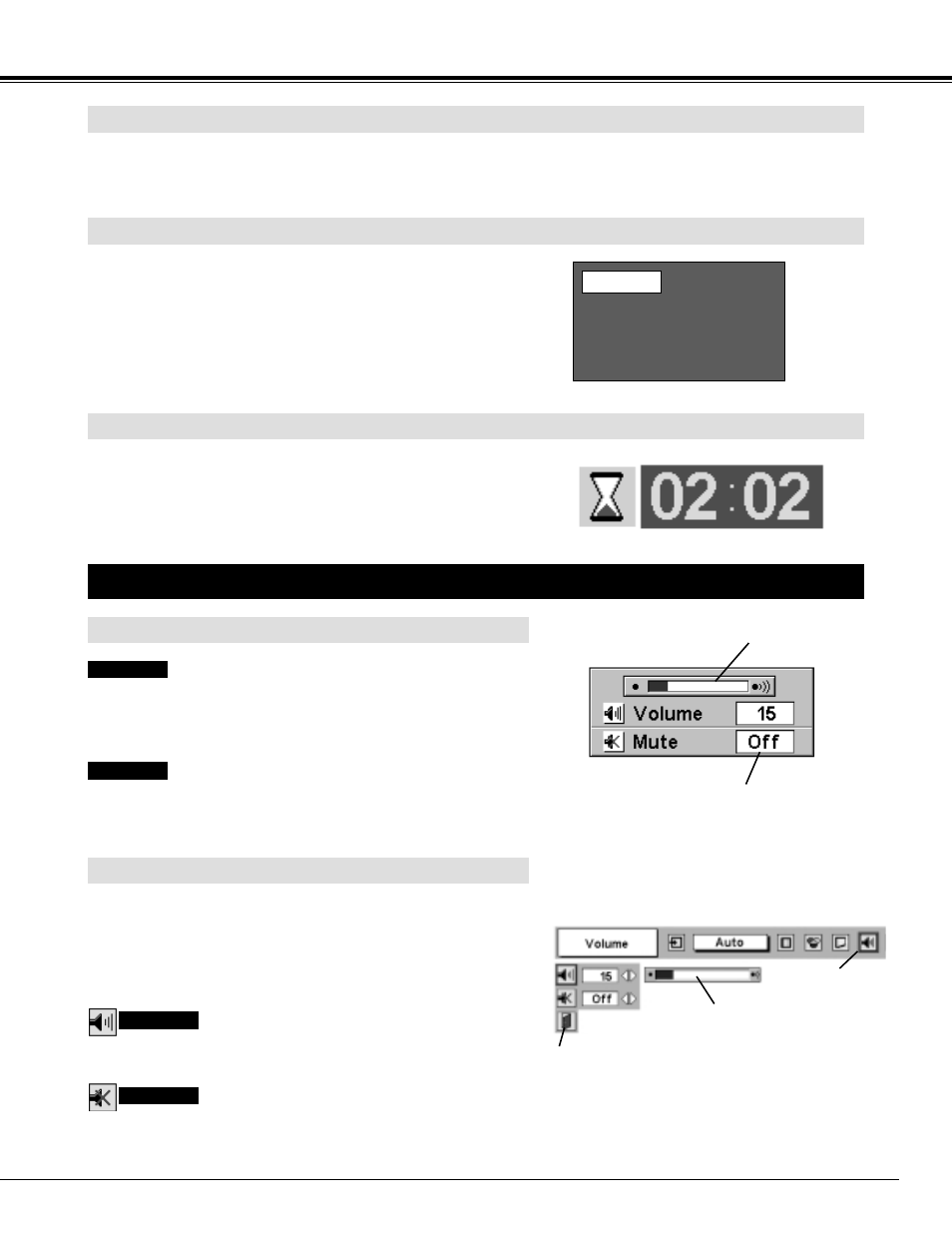 Picture freeze function, No show function, P-timer function | Sound adjustment, Basic operation, No show function picture freeze function, Direct operation menu operation | Eiki LC-XG100 User Manual | Page 21 / 48