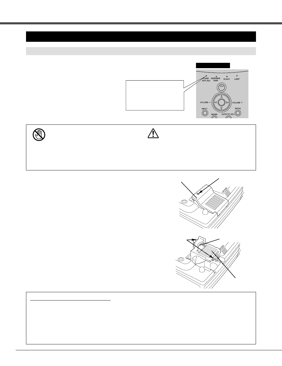 Appendix, Lamp replacement, Lamp replace | Caution | Eiki LC-XG100 User Manual | Page 38 / 48