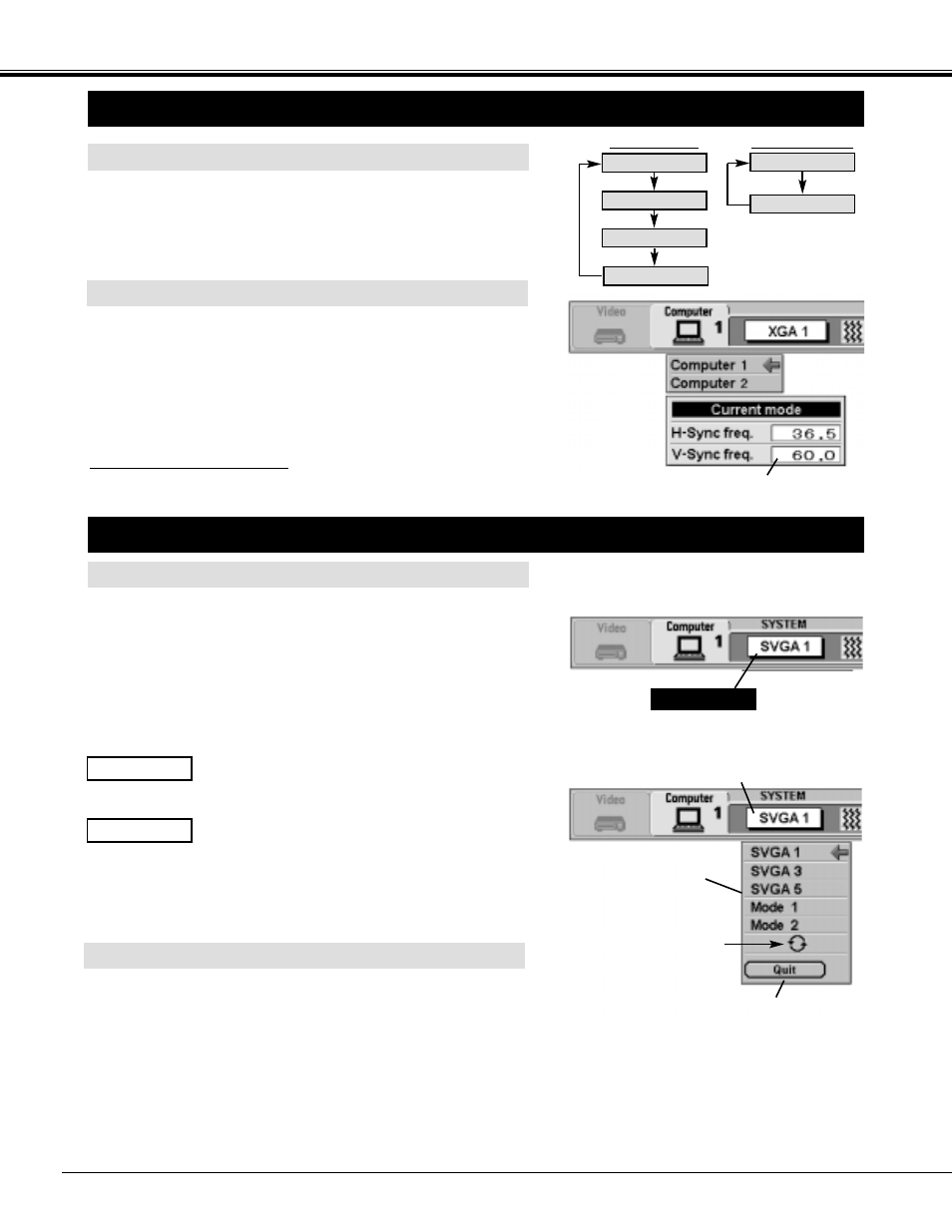 Computer mode, Selecting computer mode, Selecting computer system | Menu operation, Automatic multi-scan system, Select computer system manually, Direct operation | Eiki LC-SX3 User Manual | Page 36 / 56