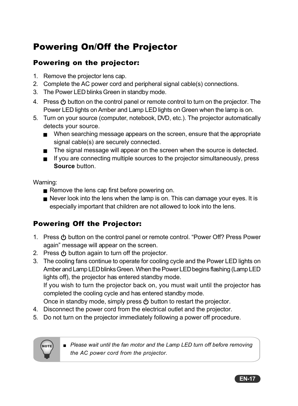 Powering on/off the projector, Powering on the projector, Powering off the projector | Eiki EIP-S200 User Manual | Page 18 / 35