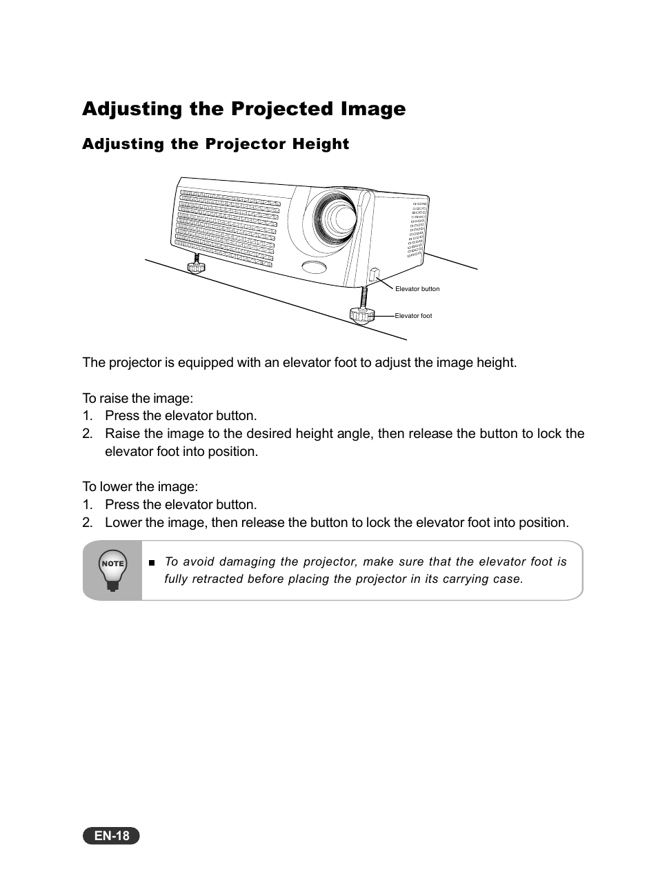 Adjusting the projected image, Adjusting the projector height | Eiki EIP-S200 User Manual | Page 19 / 35