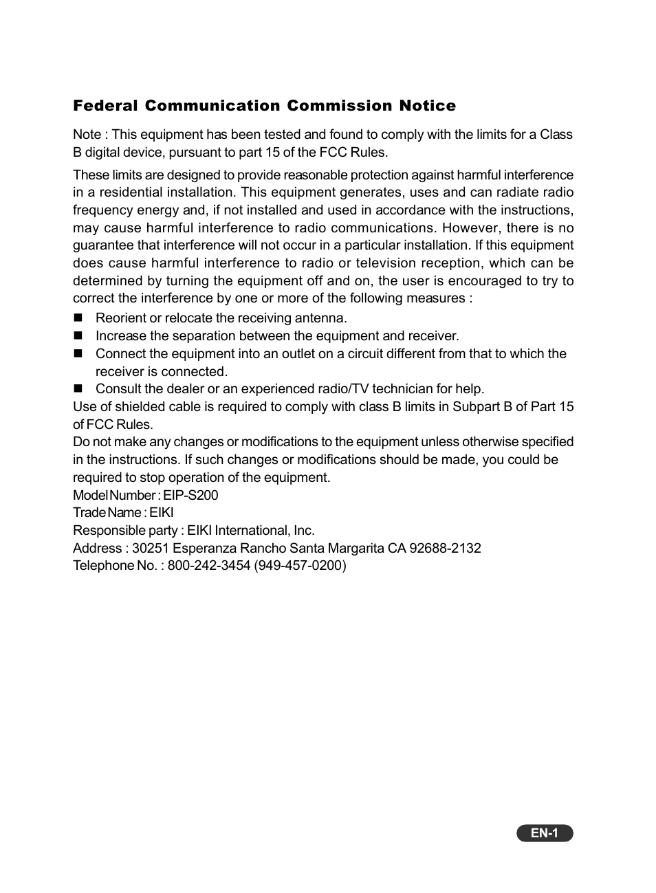 Eiki EIP-S200 User Manual | Page 2 / 35