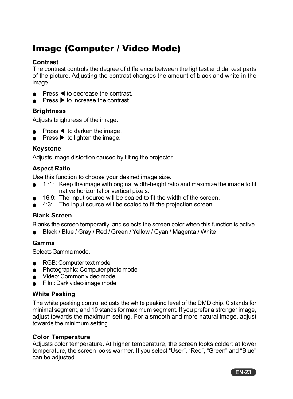 Image (computer / video mode) | Eiki EIP-S200 User Manual | Page 24 / 35