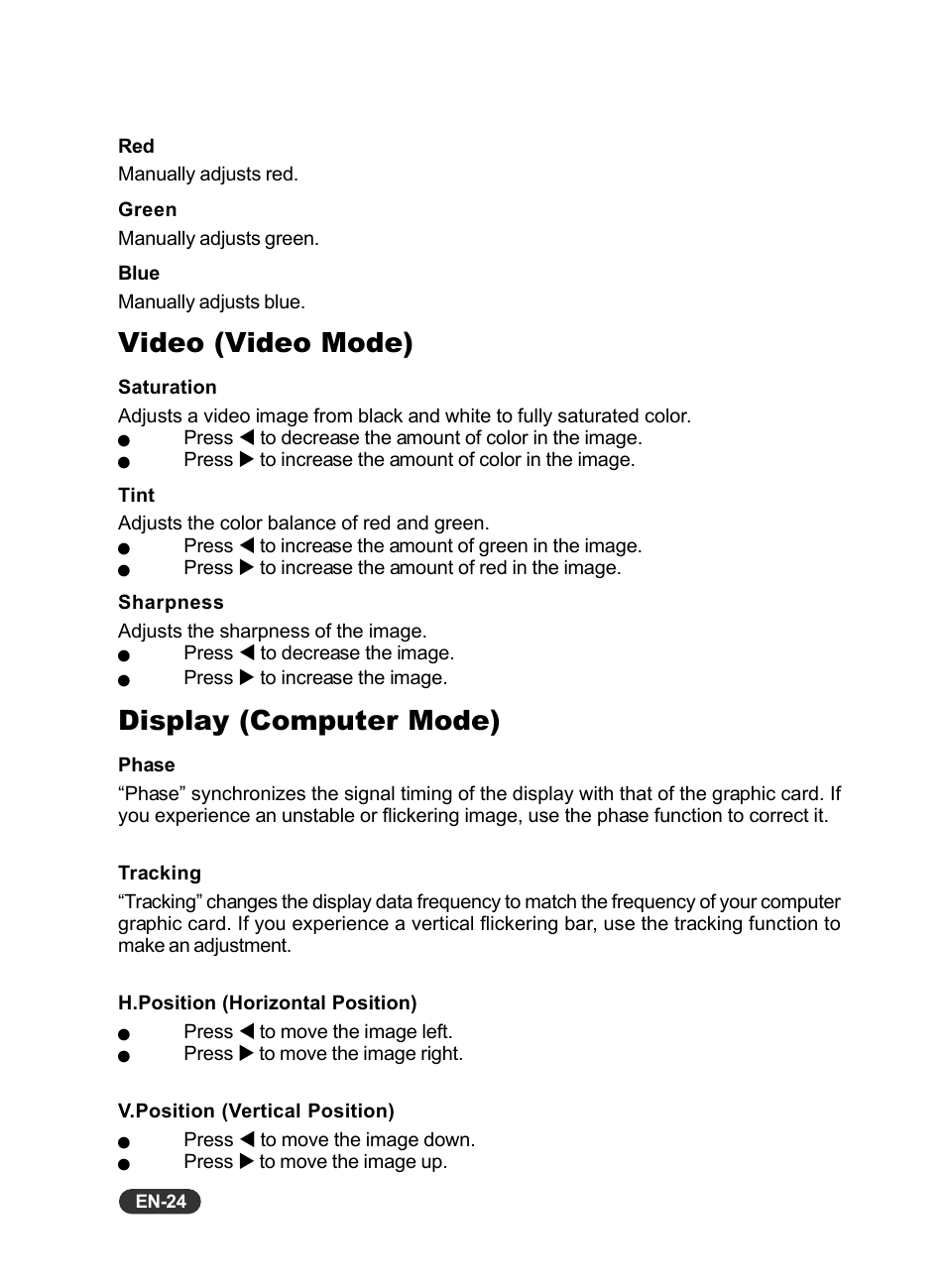 Video (video mode), Display (computer mode) | Eiki EIP-S200 User Manual | Page 25 / 35