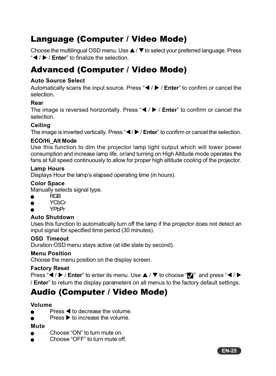 Audio (computer / video mode), Language (computer / video mode), Advanced (computer / video mode) | Eiki EIP-S200 User Manual | Page 26 / 35
