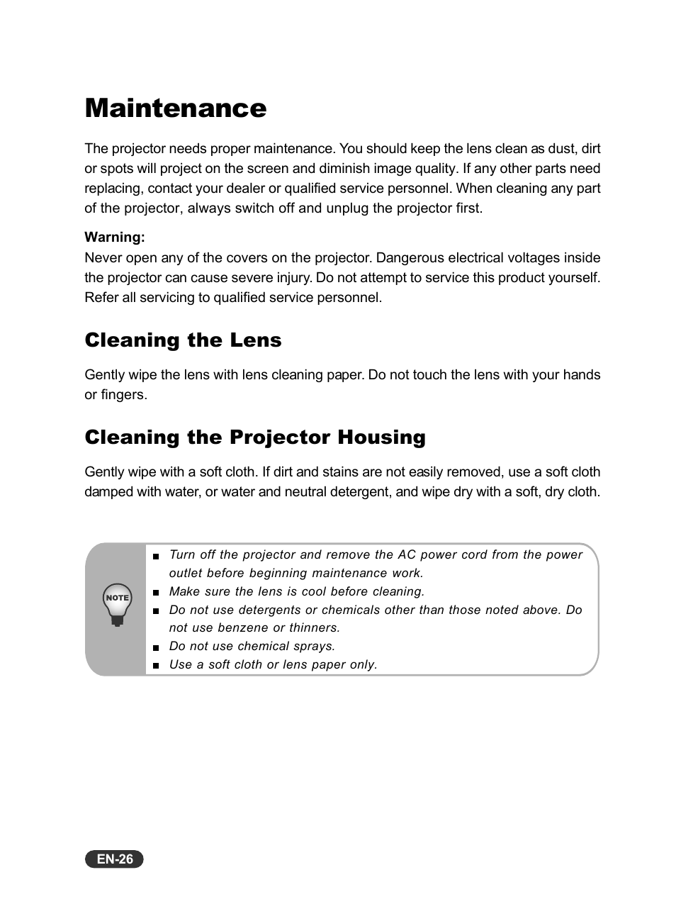 Maintenance, Cleaning the lens, Cleaning the projector housing | Eiki EIP-S200 User Manual | Page 27 / 35