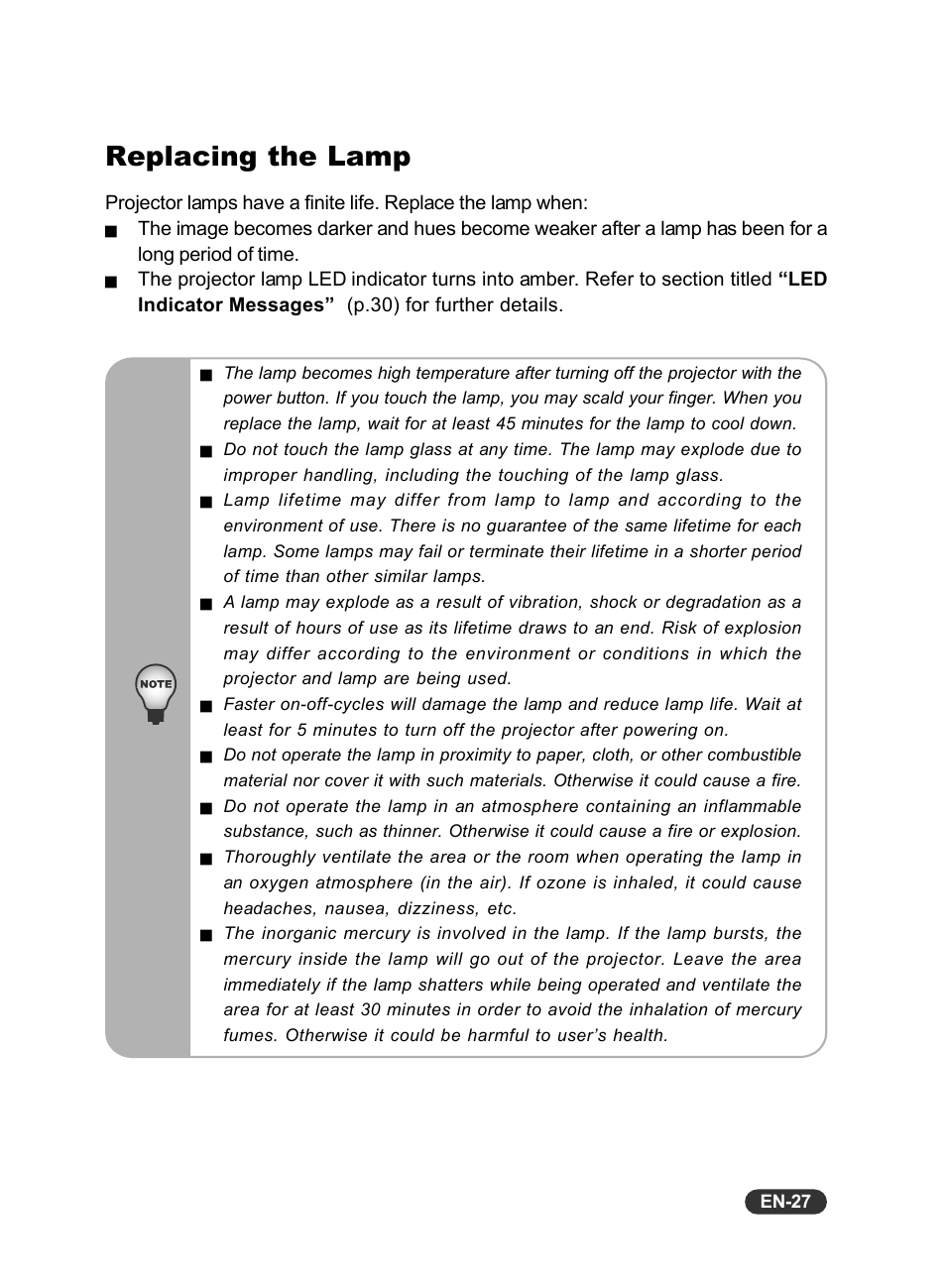 Replacing the lamp | Eiki EIP-S200 User Manual | Page 28 / 35