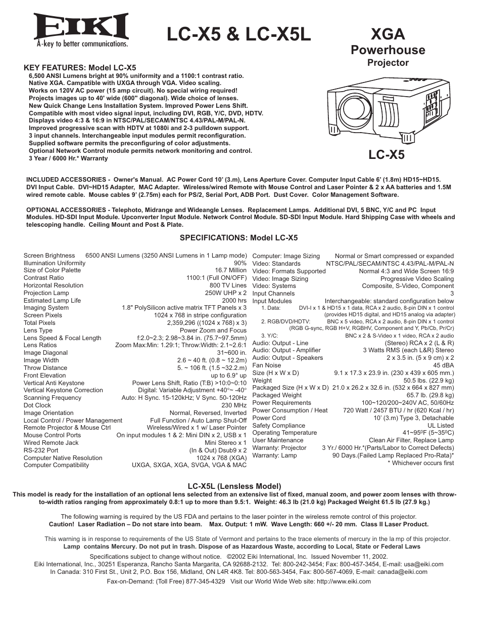 Eiki LC-X5L User Manual | 1 page