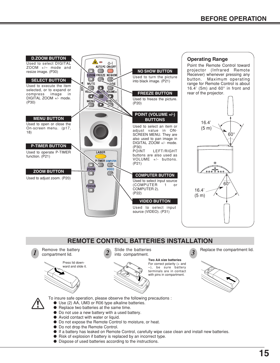 Rtemote control batteries installation, Before operation, Remote control batteries installation | Operating range | Eiki MODEL LC-SB10 User Manual | Page 15 / 48