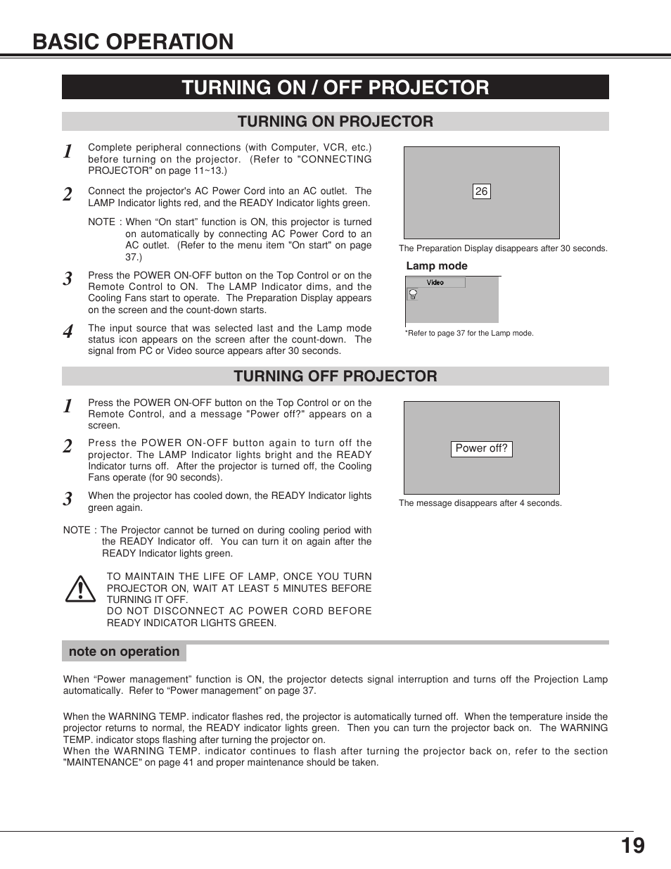 Turning on/off projector, 19 basic operation, Turning on / off projector | Eiki MODEL LC-SB10 User Manual | Page 19 / 48