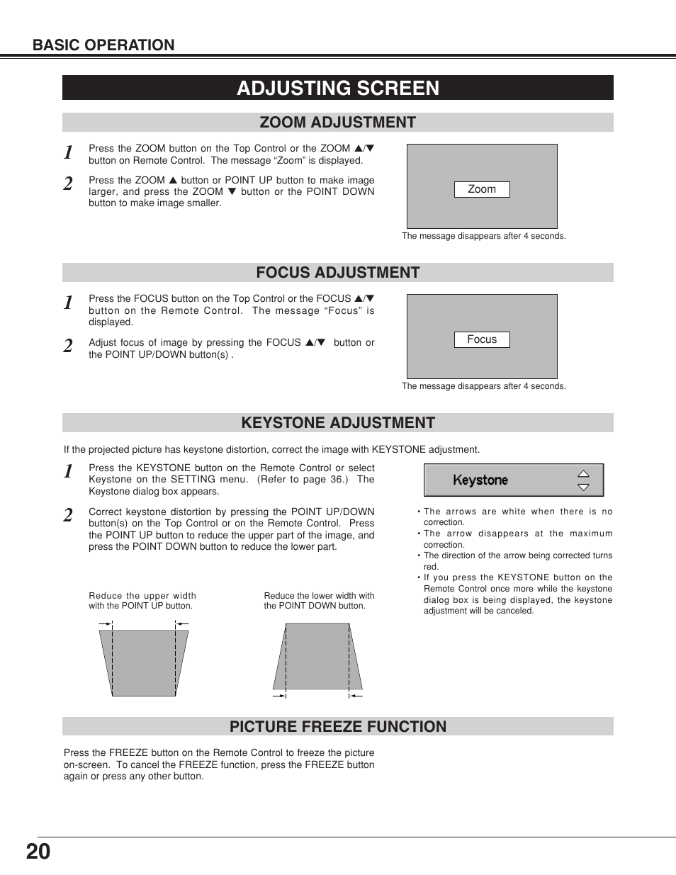 Adjusting screen, Zoom adjustment, Focus adjustment | Keystone adjustment, Picture freeze function, Zoom adjustment focus adjustment | Eiki MODEL LC-SB10 User Manual | Page 20 / 48