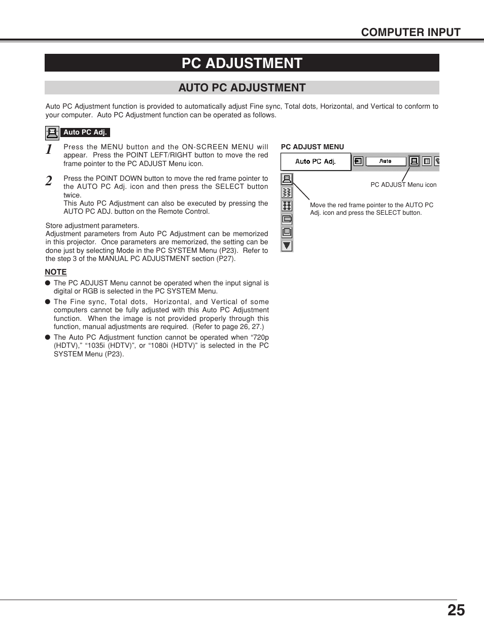 Pc adjustment, Auto pc adjustment, Computer input | Eiki MODEL LC-SB10 User Manual | Page 25 / 48