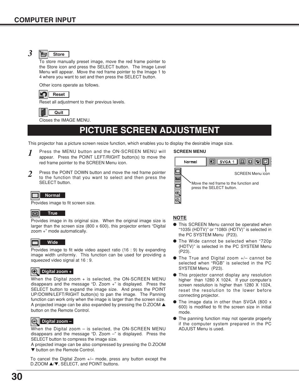 Picture screen adjustment, Computer input | Eiki MODEL LC-SB10 User Manual | Page 30 / 48