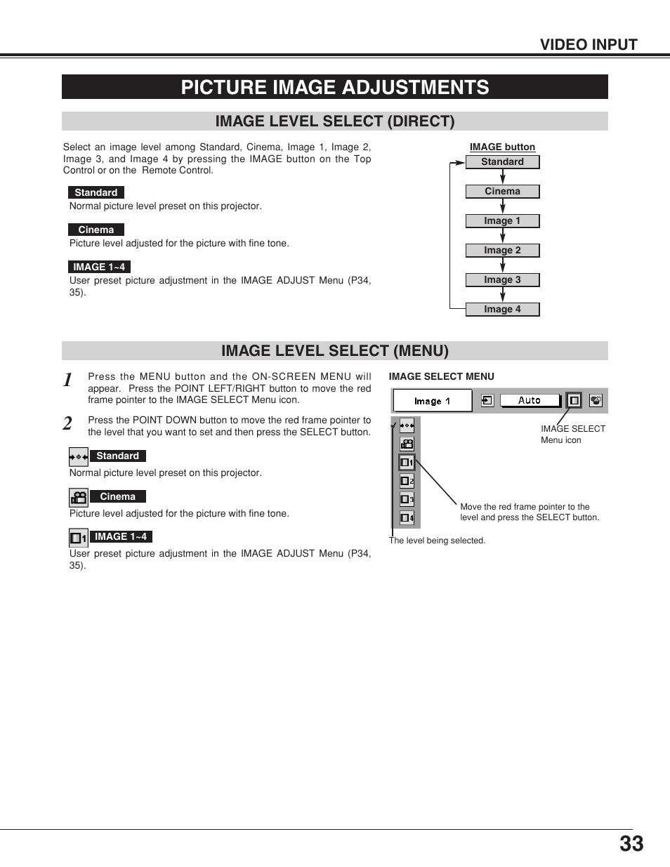 Picture image adjustments, Image level select, Video input | Image level select (menu), Image level select (direct) | Eiki MODEL LC-SB10 User Manual | Page 33 / 48