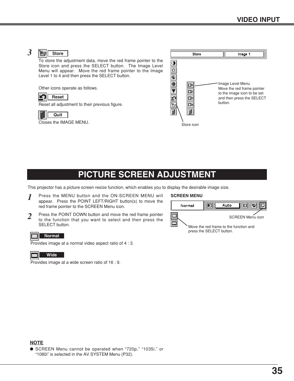 Picture screen adjustment, Video input | Eiki MODEL LC-SB10 User Manual | Page 35 / 48