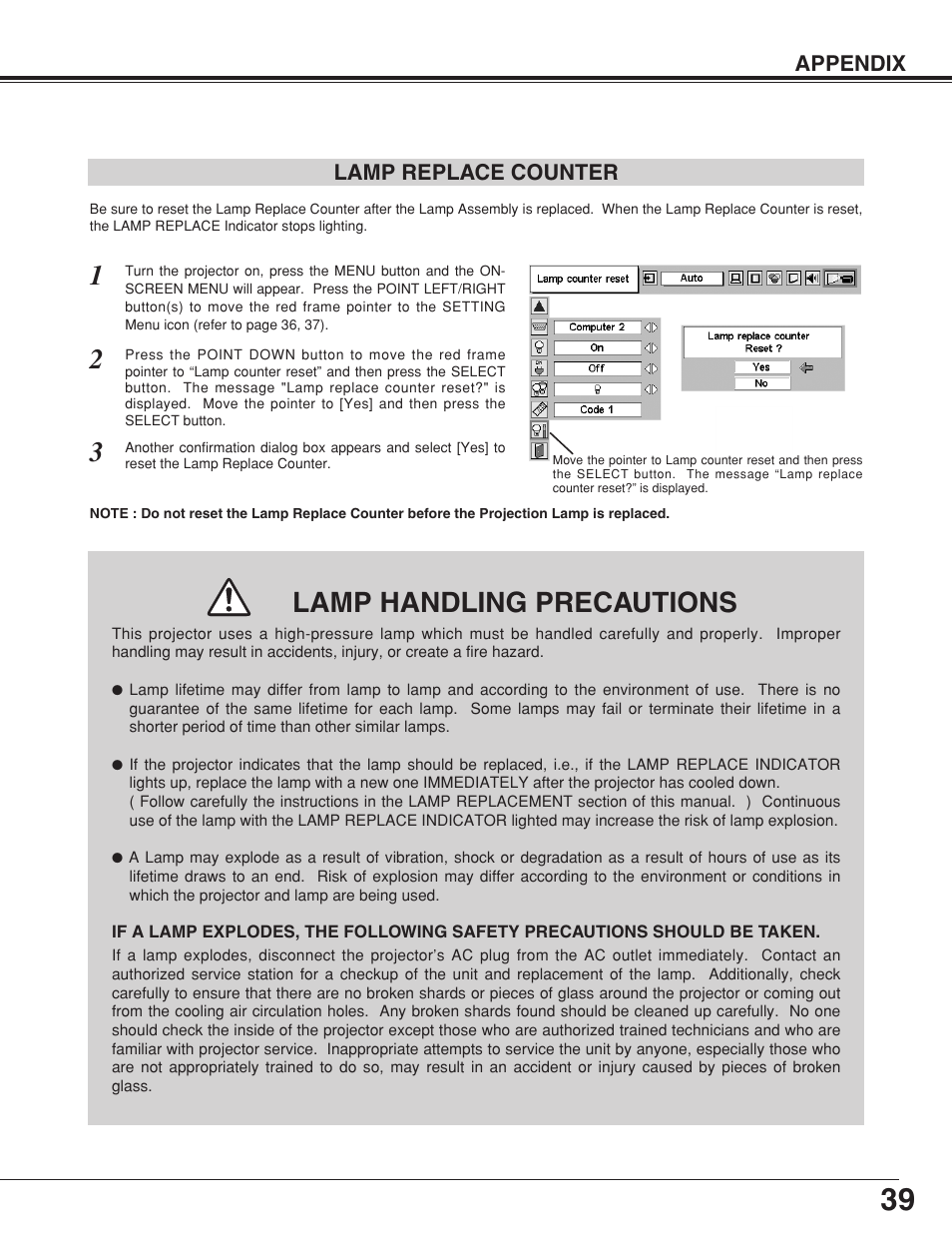 Lamp replace counter, Lamp handling precautions | Eiki MODEL LC-SB10 User Manual | Page 39 / 48
