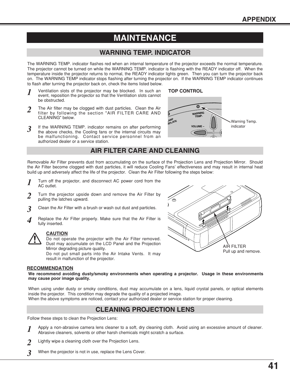 Maintenance, Warning temp. indicator, Air filter care and cleaning | Cleaning projector lens, Appendix, Warning temp. indicator cleaning projection lens | Eiki MODEL LC-SB10 User Manual | Page 41 / 48