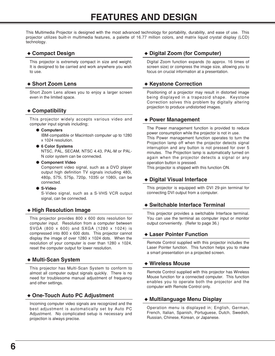 Features and design, Connecting ac power cord, 6features and design | Eiki MODEL LC-SB10 User Manual | Page 6 / 48