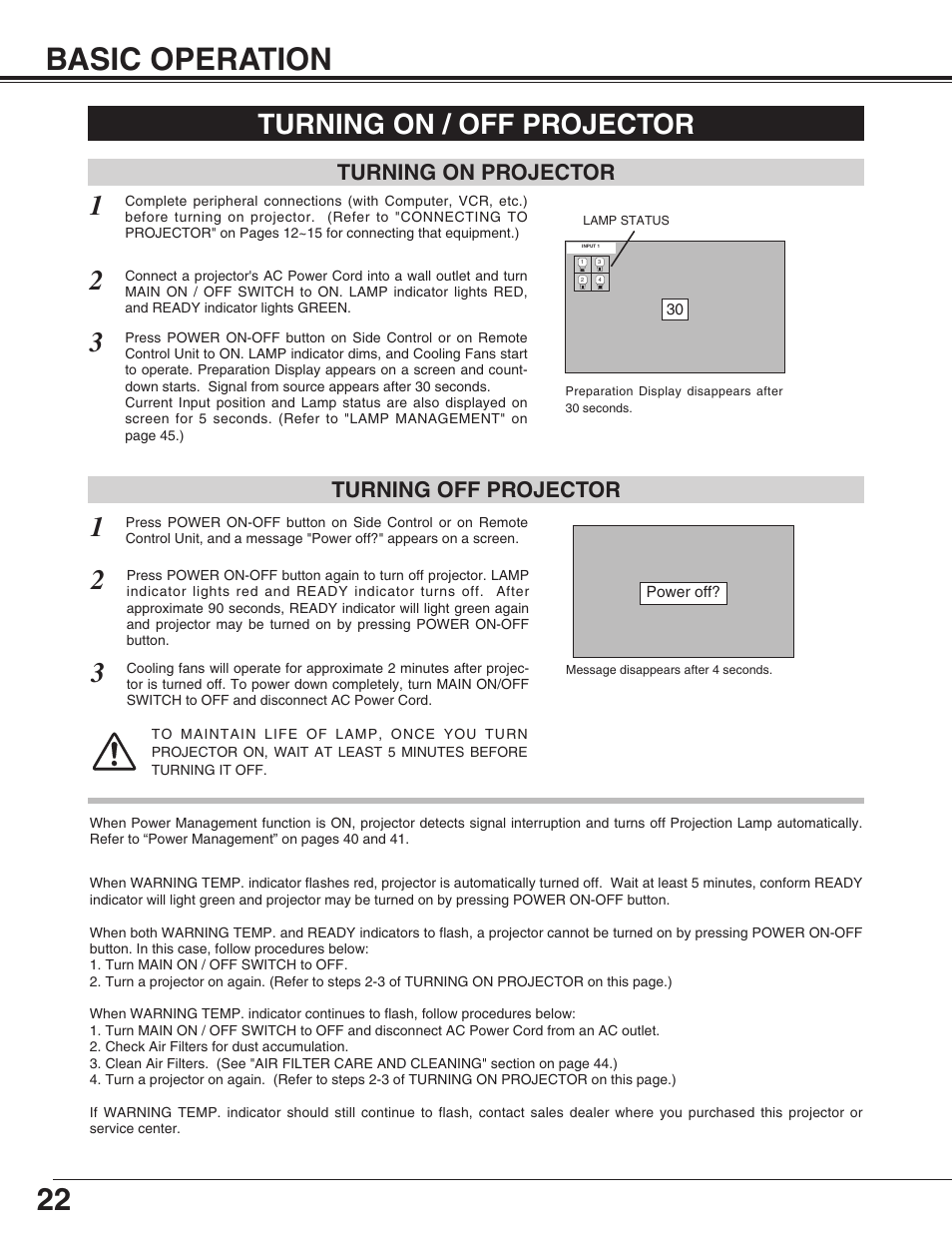 22 basic operation, Turning on / off projector, Turning on projector turning off projector | Eiki LC-UXT3 User Manual | Page 22 / 56