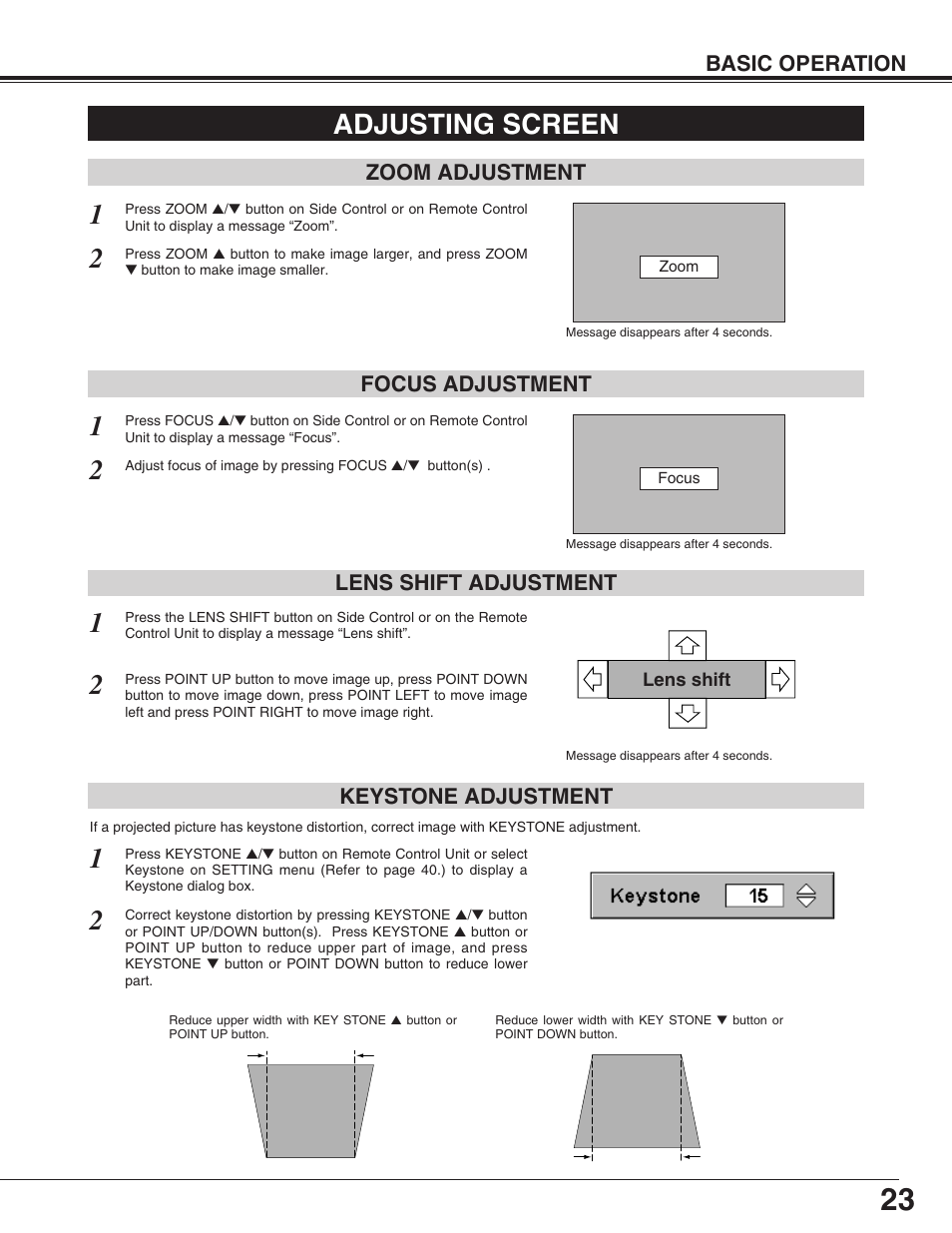 Adjusting screen, Keystone adjustment, Zoom adjustment focus adjustment | Lens shift adjustment basic operation | Eiki LC-UXT3 User Manual | Page 23 / 56