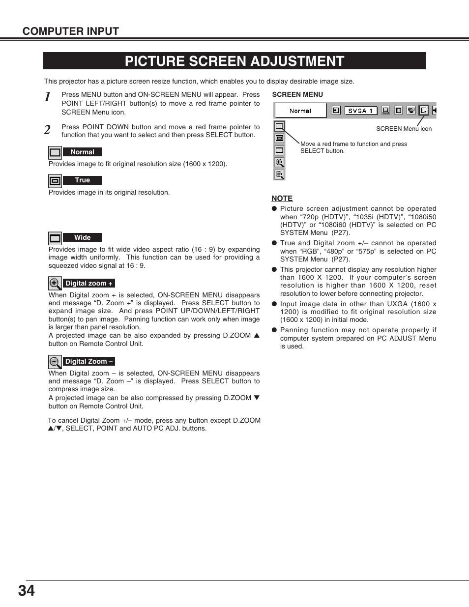 Picture screen adjustment, Computer input | Eiki LC-UXT3 User Manual | Page 34 / 56