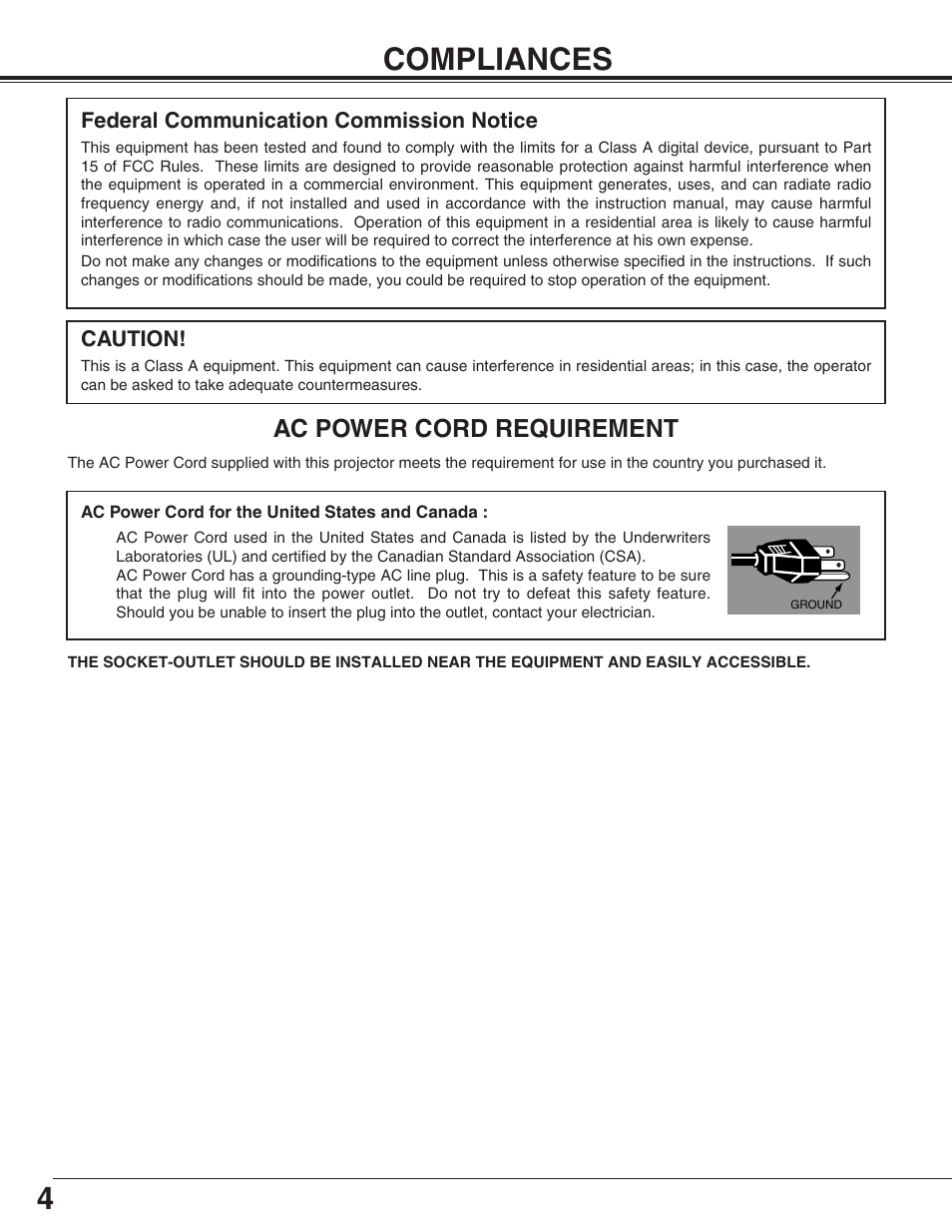 4compliances, Ac power cord requirement | Eiki LC-UXT3 User Manual | Page 4 / 56