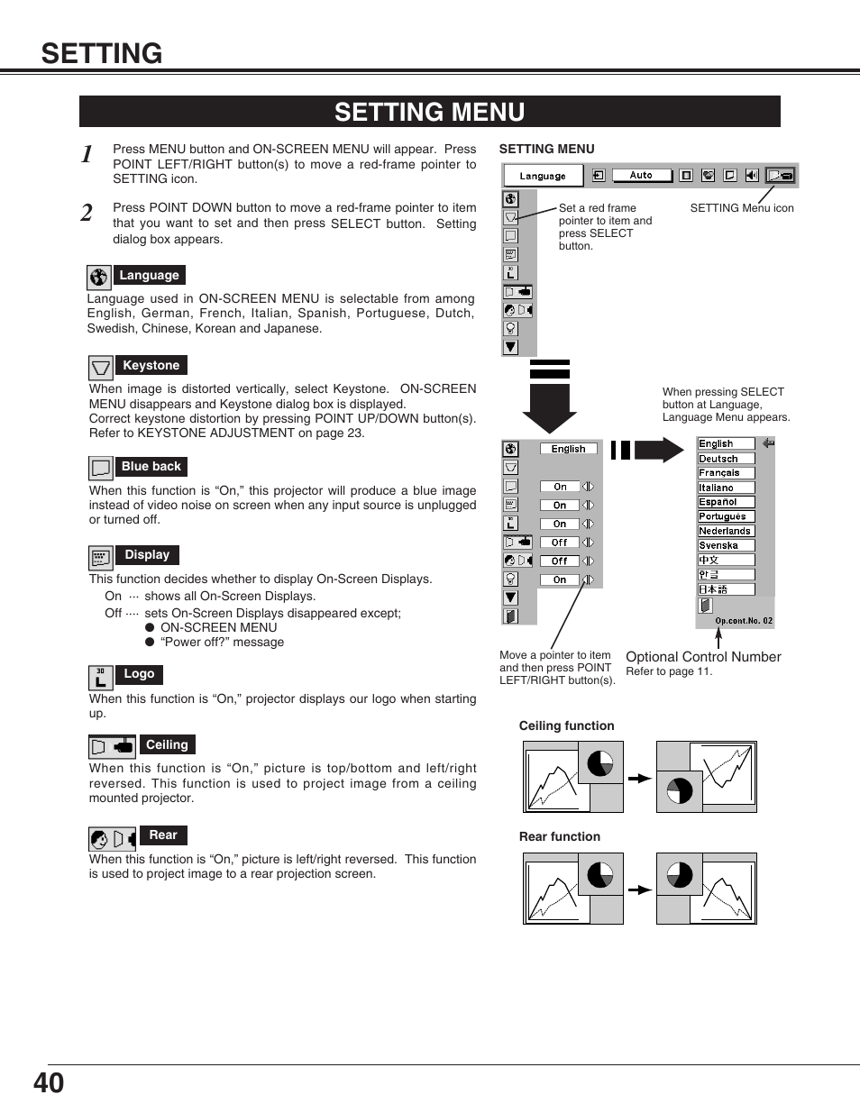 40 setting, Setting menu | Eiki LC-UXT3 User Manual | Page 40 / 56