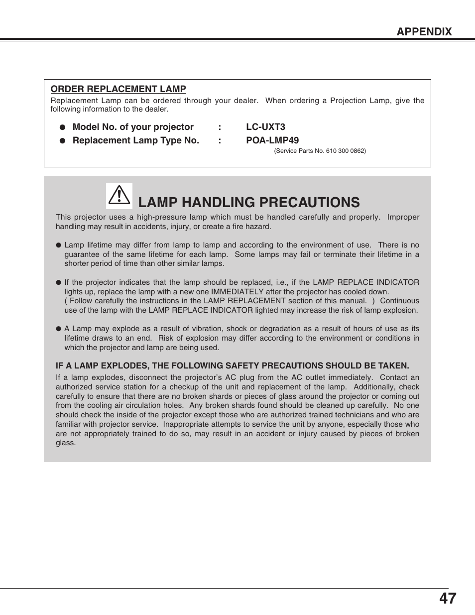 Lamp handling precautions, Appendix | Eiki LC-UXT3 User Manual | Page 47 / 56