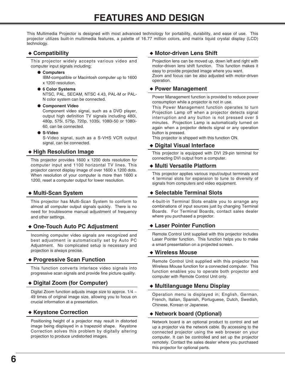 6features and design | Eiki LC-UXT3 User Manual | Page 6 / 56