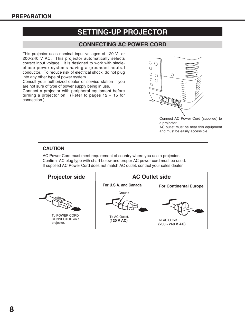 Setting-up projector, Preparation, Connecting ac power cord | Projector side ac outlet side | Eiki LC-UXT3 User Manual | Page 8 / 56