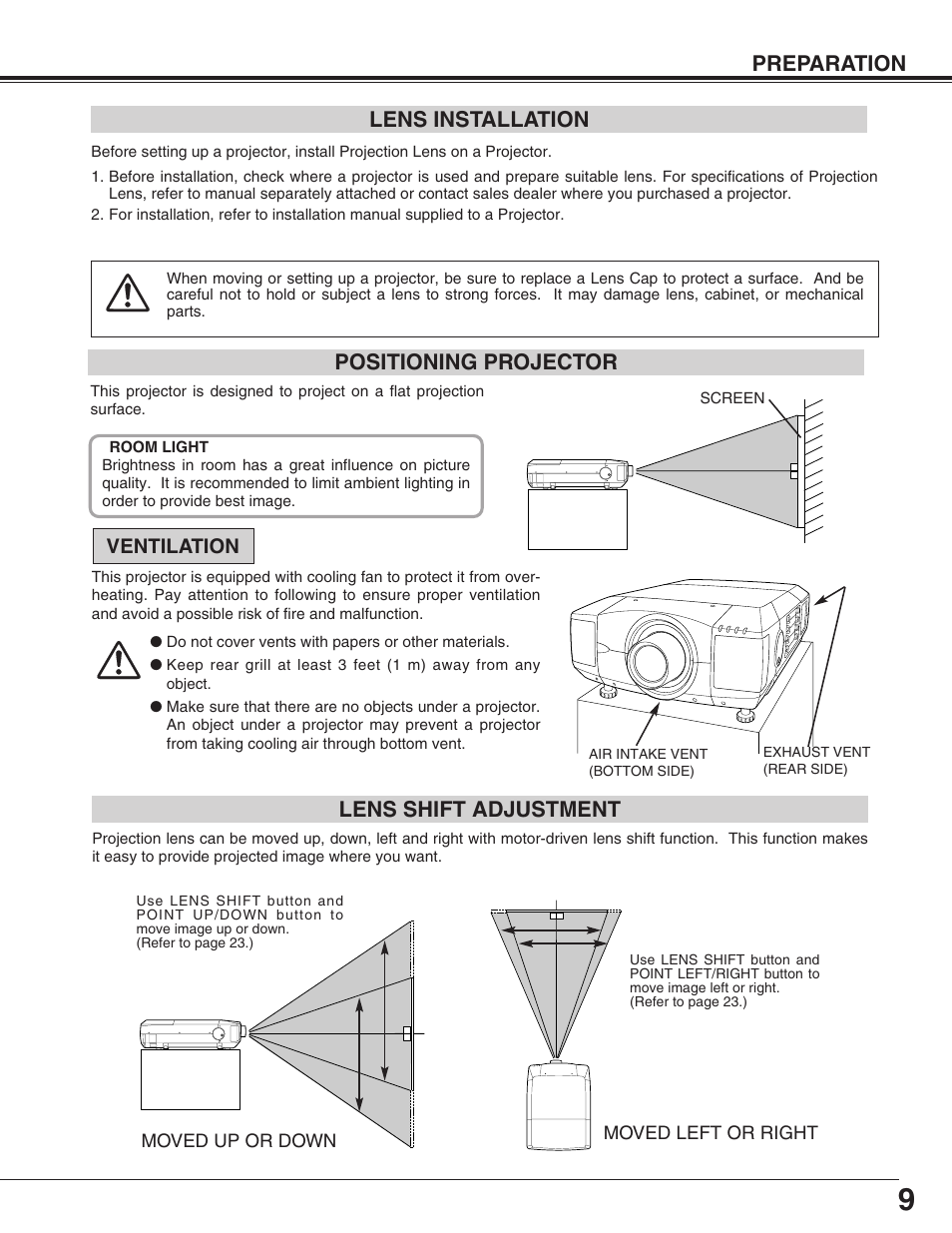 Preparation positioning projector, Lens installation, Lens shift adjustment | Eiki LC-UXT3 User Manual | Page 9 / 56